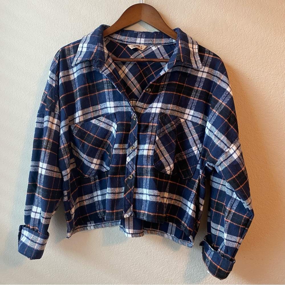 Navy and White Plaid Button Down Shirt